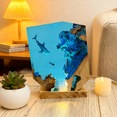 Shark & Diver Resin Night Light Handmade Lamp for Bedroom Ambiance