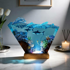 Great White Shark & Diver Resin Lamp Irregular Nautical Art Night Light