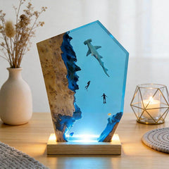 Captivating Marine Resin Lamp: Hammerhead Shark & Divers Gift Idea