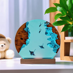 Diver & Manta Ray Resin Lamp Ocean Theme Circular Night Light for Bedside Decor