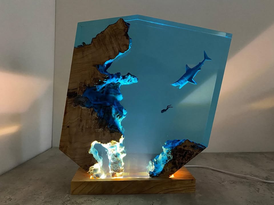 Sharks, divers, wood sculptures, epoxy resin lamp （ Best Gift 🎁 ）Promotion🔥
