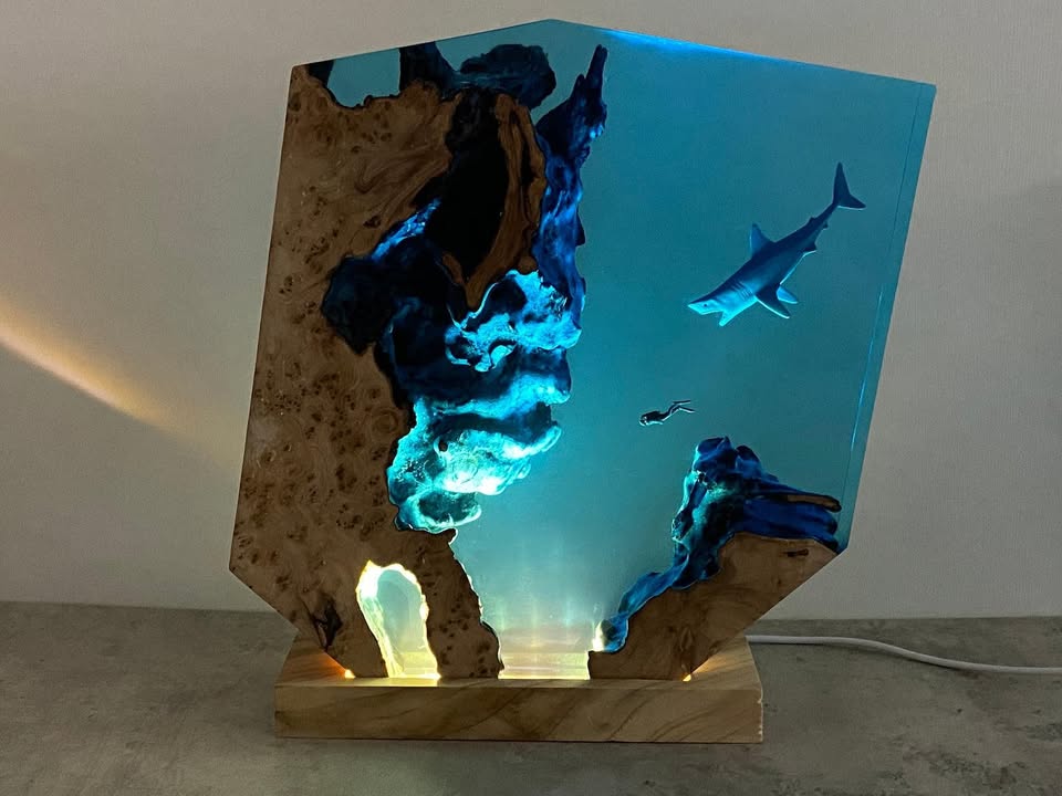 Sharks, divers, wood sculptures, epoxy resin lamp （ Best Gift 🎁 ）Promotion🔥