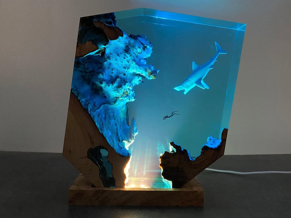Sharks, divers, wood sculptures, epoxy resin lamp （ Best Gift 🎁 ）Promotion🔥