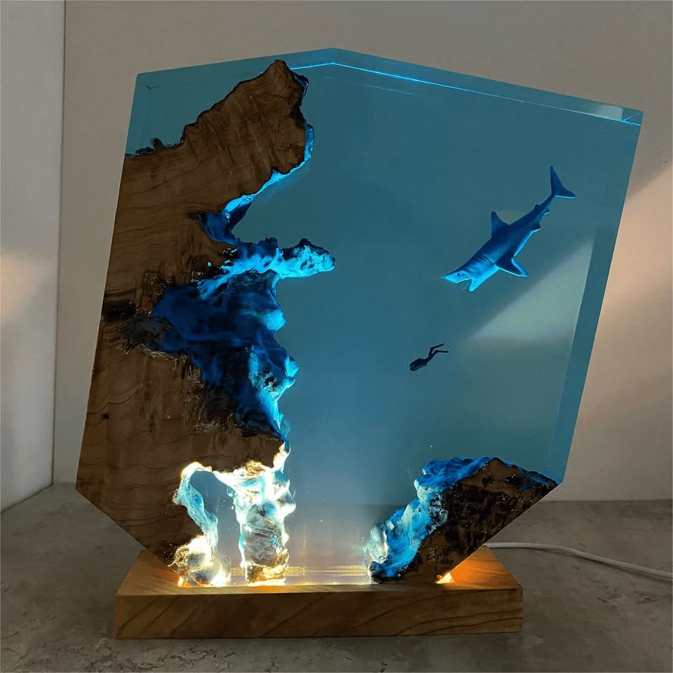 Sharks, divers, wood sculptures, epoxy resin lamp （ Best Gift 🎁 ）Promotion🔥