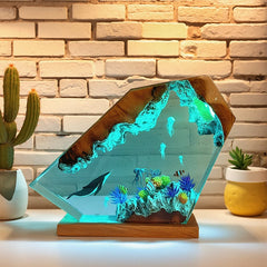 Whale & Jellyfish Epoxy Resin Lamp Ocean-Themed Wood Night Light