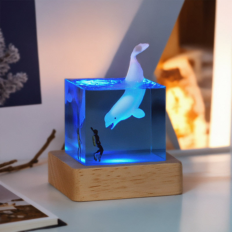 Shark & Diver Resin Wood Lamp Epoxy Night Light for Marine Decor