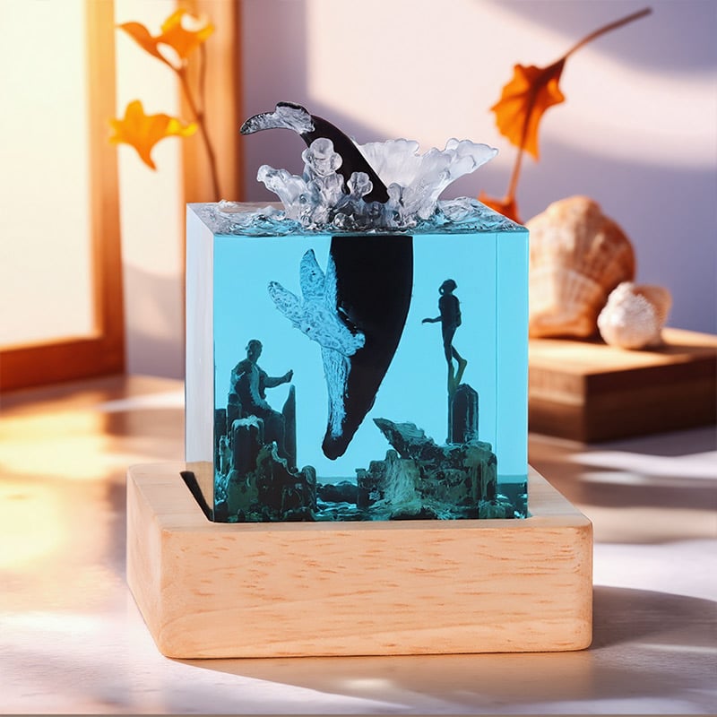 Whale & Shell Resin Lamp Artisanal Night Light for Coastal Bedroom Decor