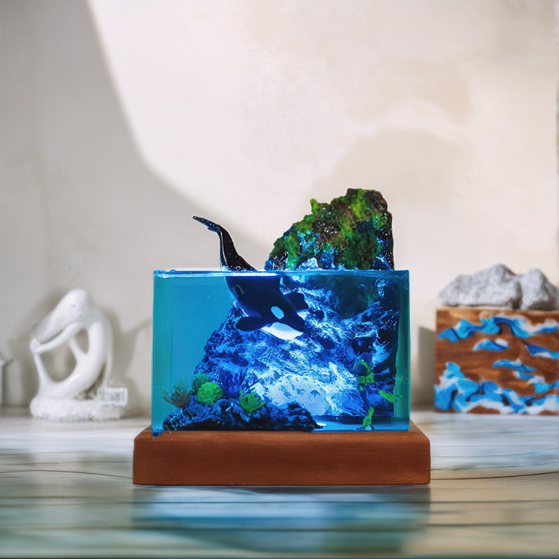 Orca & Diver Resin Lamp Handmade Night Light for Ocean Lover