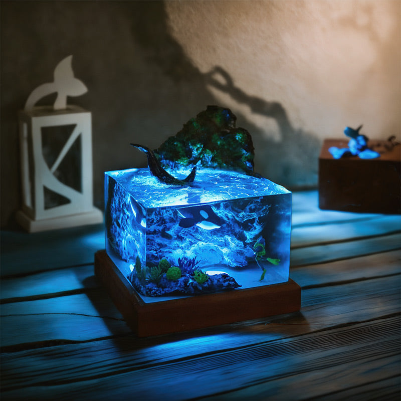 Orca & Diver Resin Lamp Handmade Night Light for Ocean Lover