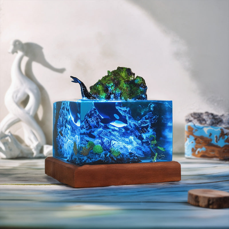 Orca & Diver Resin Lamp Handmade Night Light for Ocean Lover
