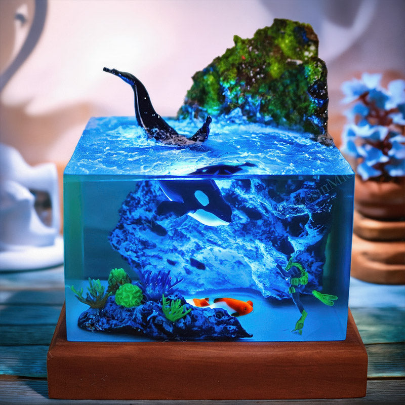 Orca & Diver Resin Lamp Handmade Night Light for Ocean Lover