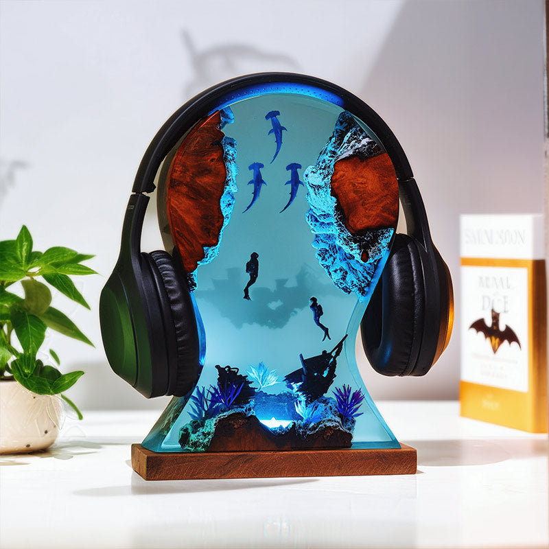 Hammerhead Shark Resin Headphone Stand Underwater-Themed Night Lamp
