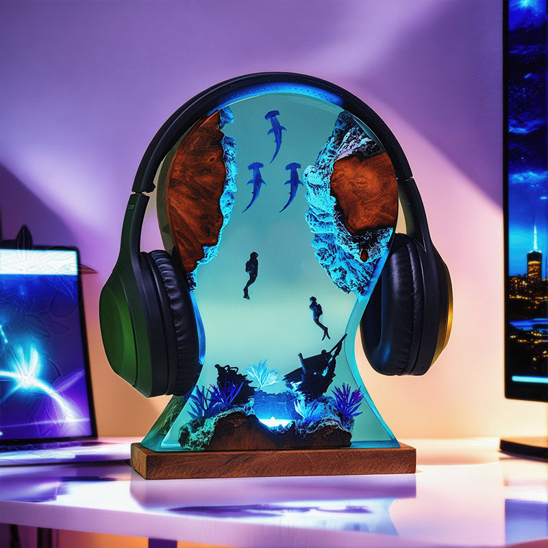 Hammerhead Shark Resin Headphone Stand Underwater-Themed Night Lamp