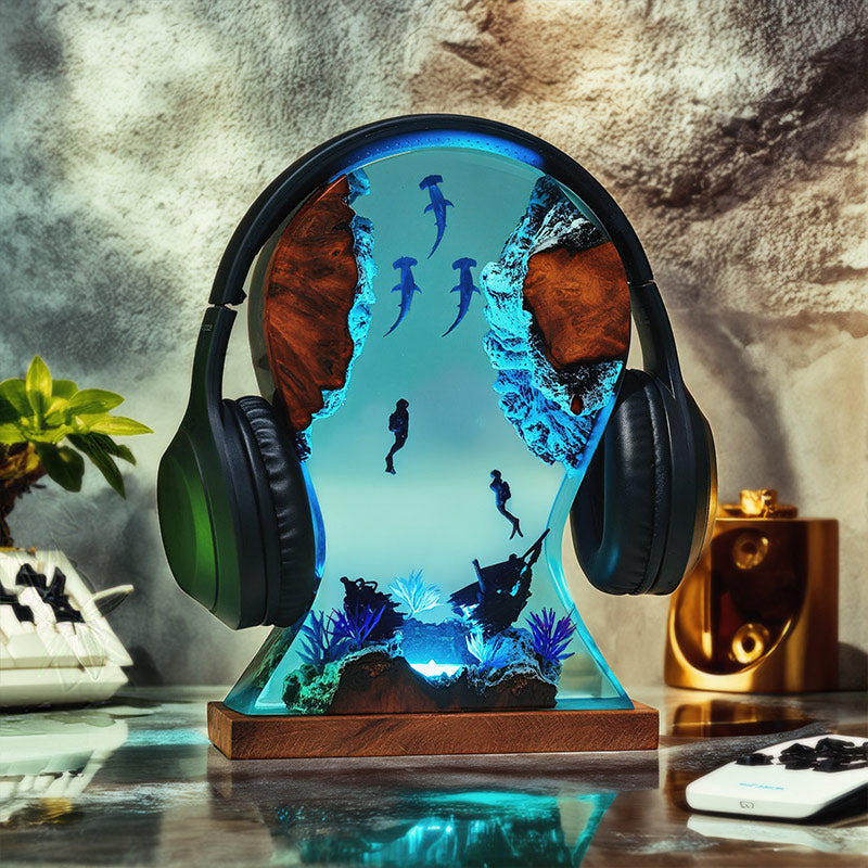 Hammerhead Shark Resin Headphone Stand Underwater-Themed Night Lamp