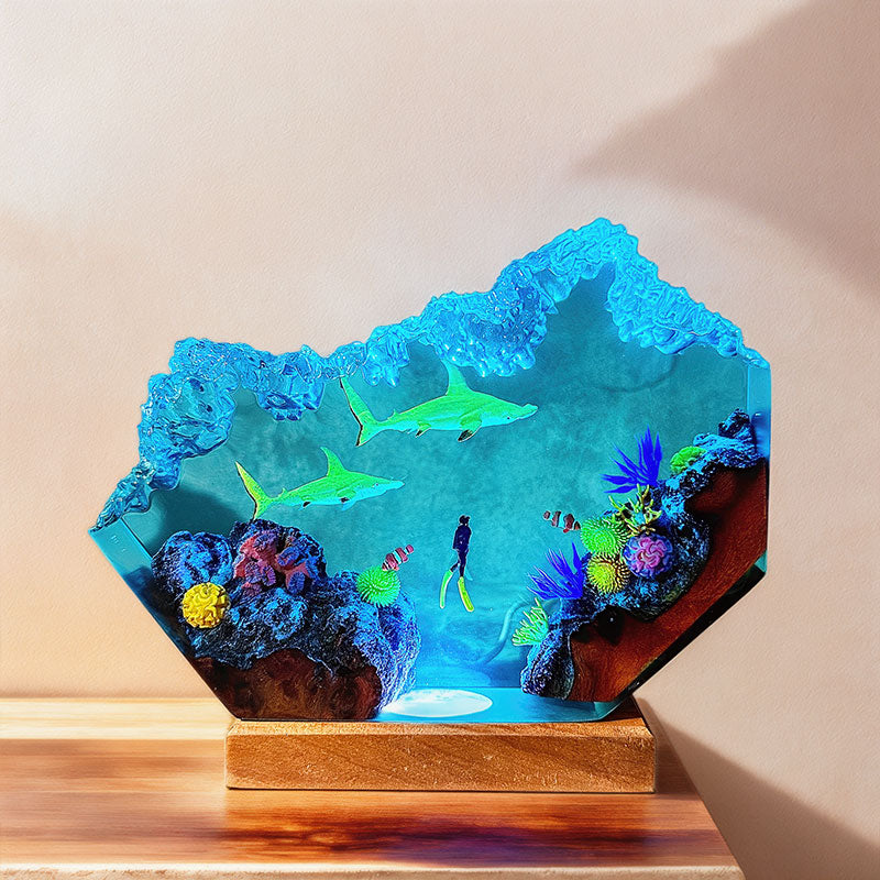 Hammerhead Shark & Diver Resin Lamp Handmade Night Light for Ocean Lovers