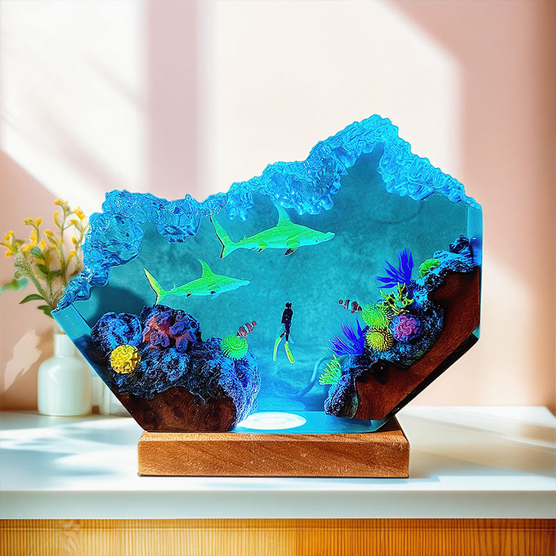 Hammerhead Shark & Diver Resin Lamp Handmade Night Light for Ocean Lovers