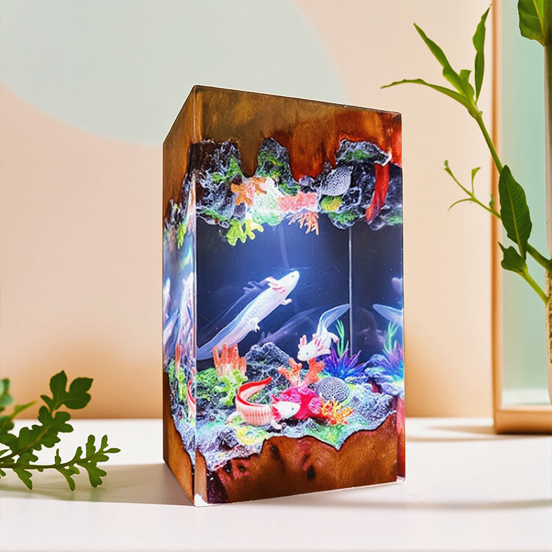 Axolotl Resin Lamp Cuboid Fantasy Night Light for Desk Decor