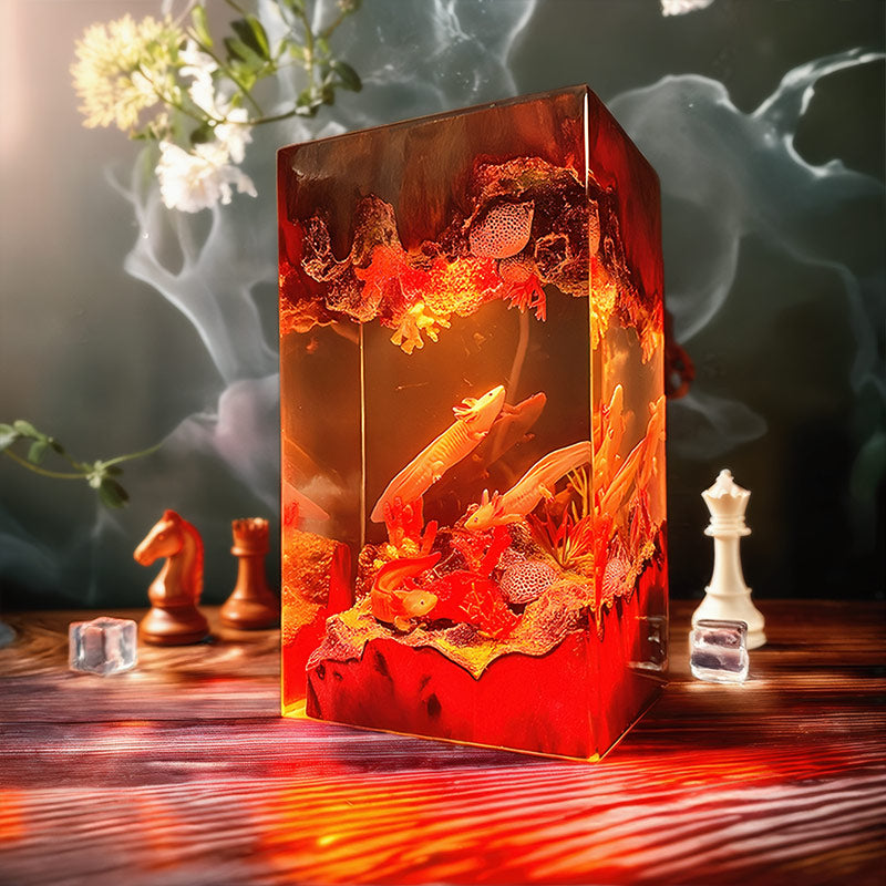 Axolotl Resin Lamp Cuboid Fantasy Night Light for Desk Decor