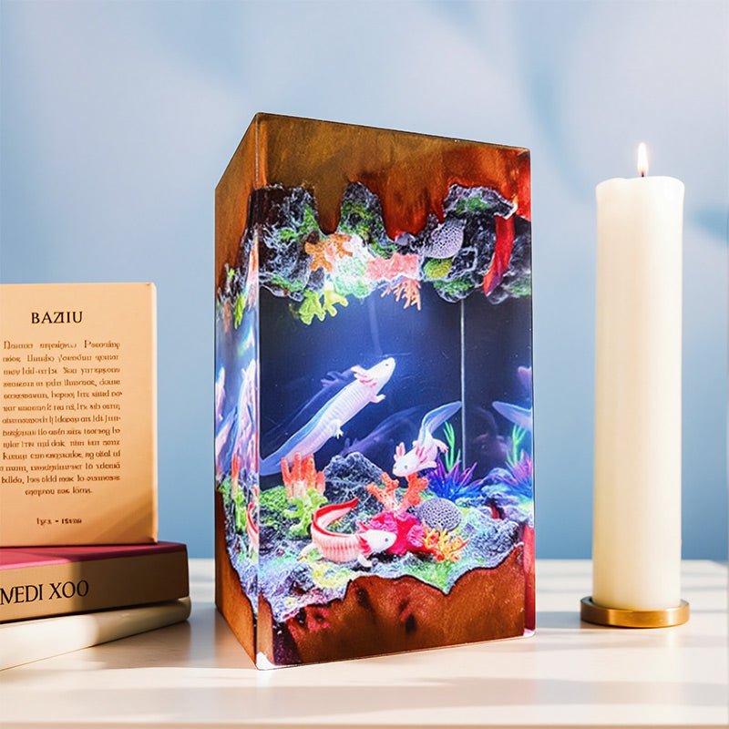 Axolotl Resin Lamp Cuboid Fantasy Night Light for Desk Decor