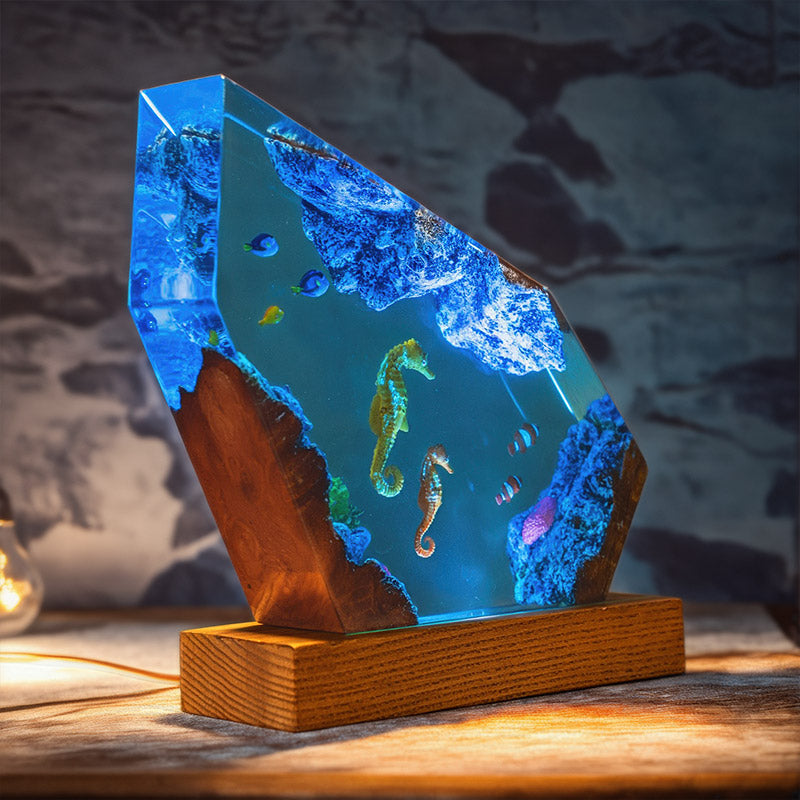 Seahorse & Blue Tang Resin Lamp Ocean-Themed Glow for Marine Lovers