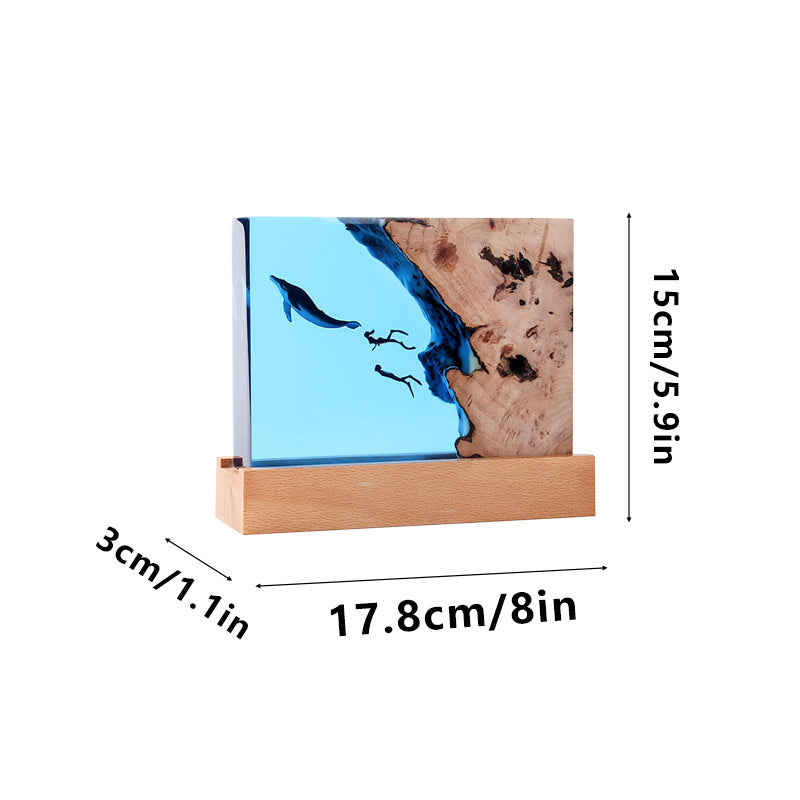 Orca & Diver Resin Wood Lamp Handcrafted Marine Art Night Light for Home Decor