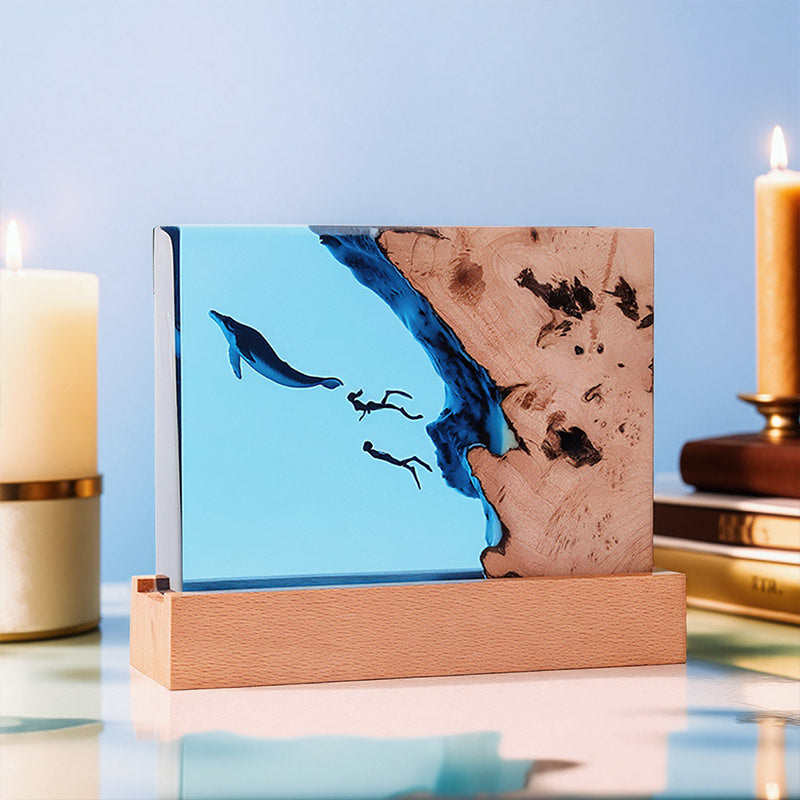 Orca & Diver Resin Wood Lamp Handcrafted Marine Art Night Light for Home Decor