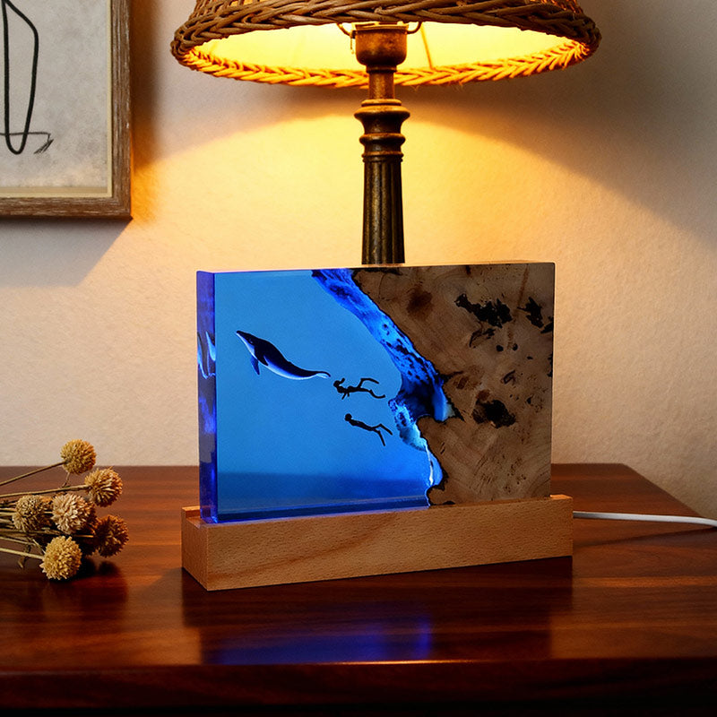 Orca & Diver Resin Wood Lamp Handcrafted Marine Art Night Light for Home Decor
