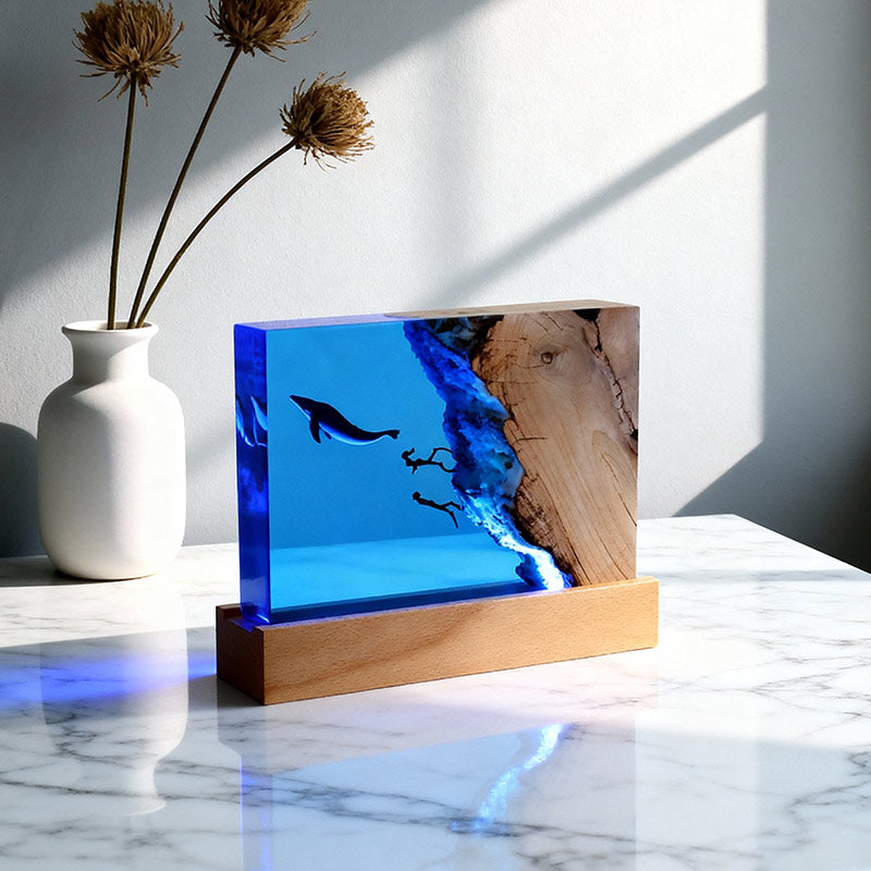 Orca & Diver Resin Wood Lamp Handcrafted Marine Art Night Light for Home Decor