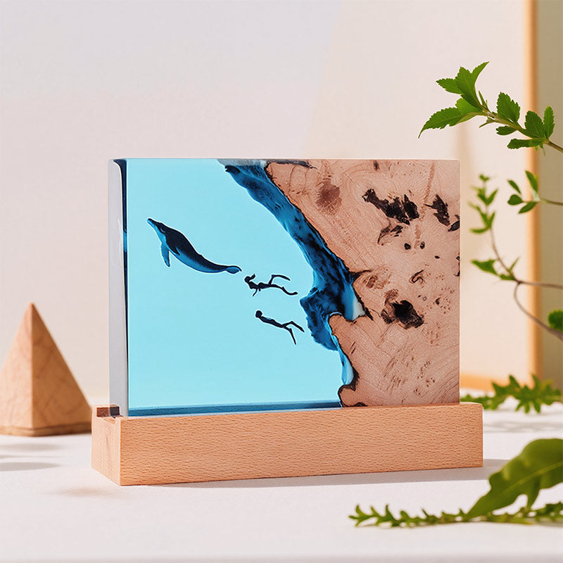 Orca & Diver Resin Wood Lamp Handcrafted Marine Art Night Light for Home Decor