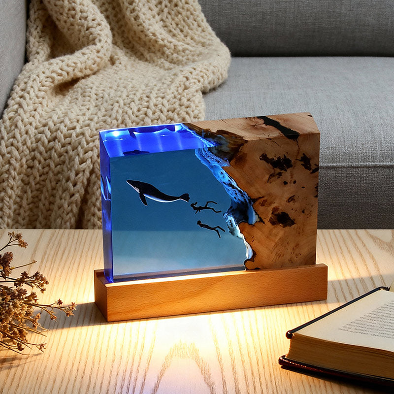 Orca & Diver Resin Wood Lamp Handcrafted Marine Art Night Light for Home Decor