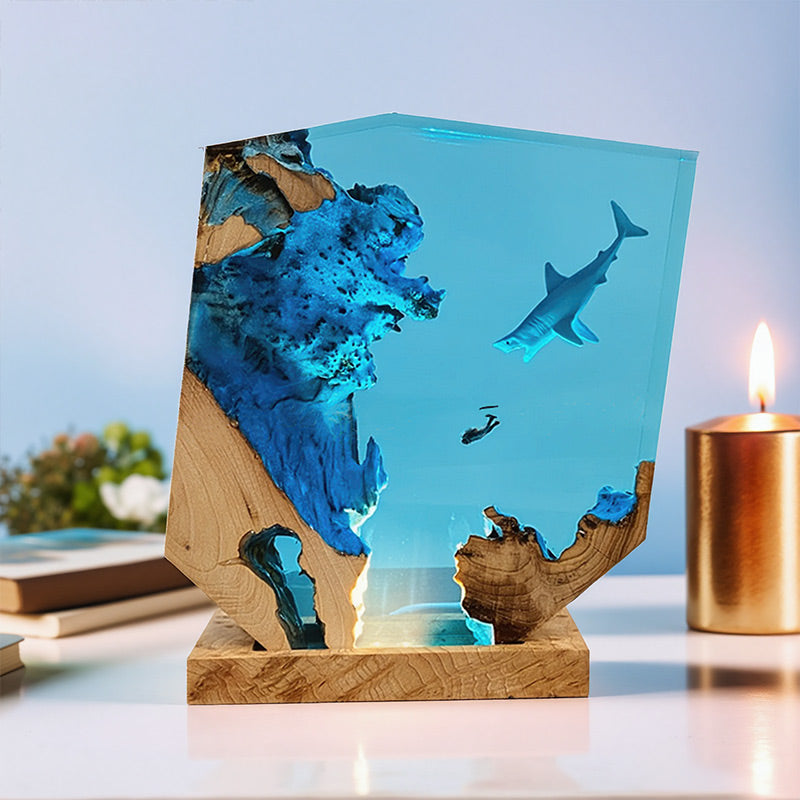 Shark & Diver Resin Night Light Handmade Lamp for Bedroom Ambiance