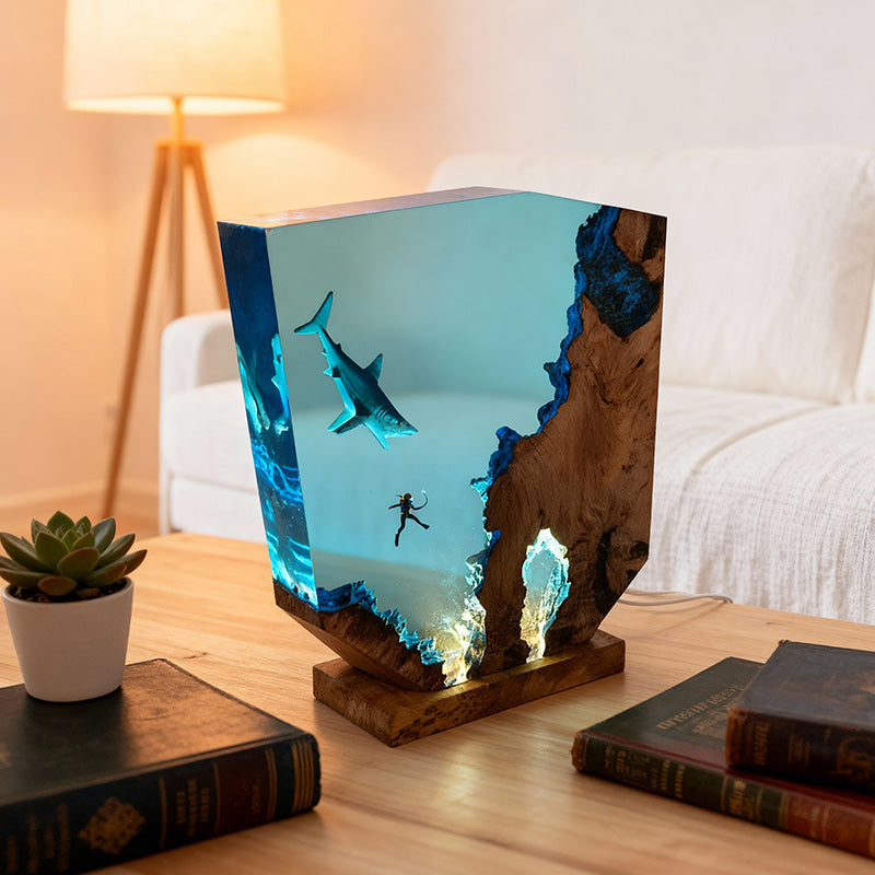 Shark & Diver Resin Night Light Handmade Lamp for Bedroom Ambiance