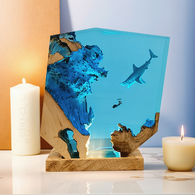 Shark & Diver Resin Night Light Handmade Lamp for Bedroom Ambiance