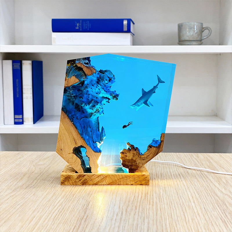 Shark & Diver Resin Night Light Handmade Lamp for Bedroom Ambiance