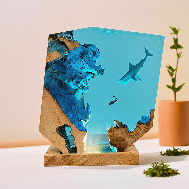 Shark & Diver Resin Night Light Handmade Lamp for Bedroom Ambiance