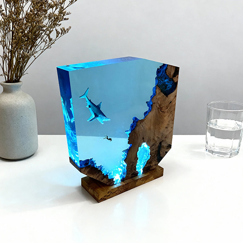 Shark & Diver Resin Night Light Handmade Lamp for Bedroom Ambiance