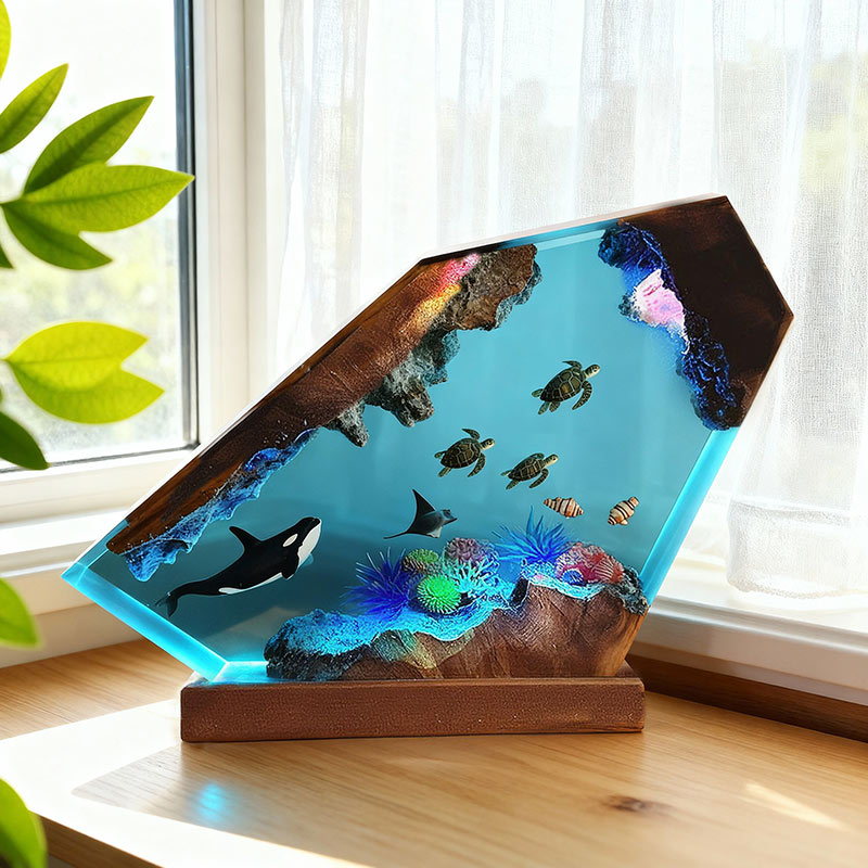Orca & Turtle Resin Lamp Ocean-Themed Epoxy Night Light for Bedroom Decor