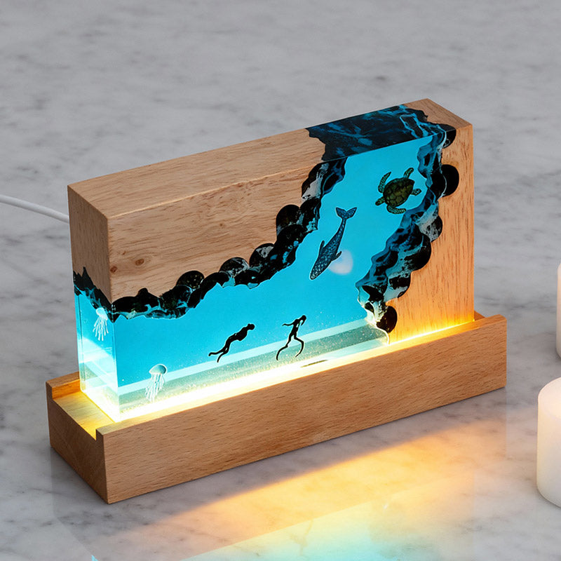 Turtle & Jellyfish Resin Night Light Handmade Cuboid Lamp for Bedroom Decor