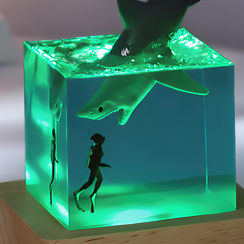 Shark & Diver Resin Wood Lamp Epoxy Night Light for Marine Decor