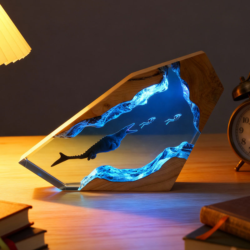 Megalodon & Mosasaurus Resin Lamp Unique Gift for Diver Lovers