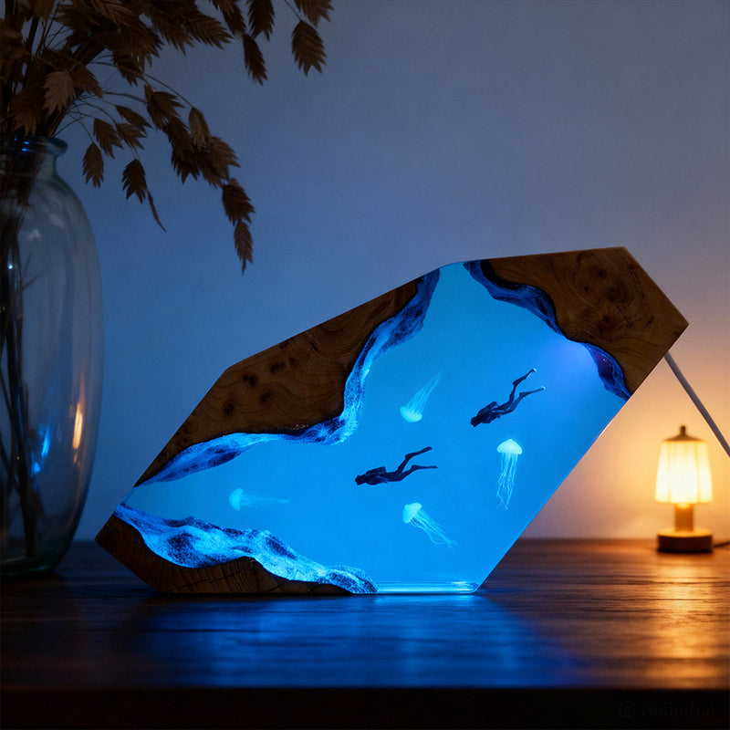 Diver & Jellyfish Resin Lamp Handmade Sea-Themed Night Light for Home Decor