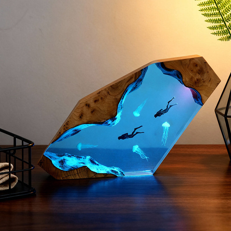 Diver & Jellyfish Resin Lamp Handmade Sea-Themed Night Light for Home Decor