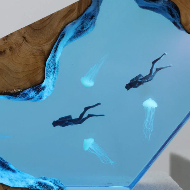 Diver & Jellyfish Resin Lamp Handmade Sea-Themed Night Light for Home Decor