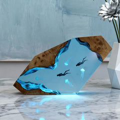 Diver & Jellyfish Resin Lamp Handmade Sea-Themed Night Light for Home Decor