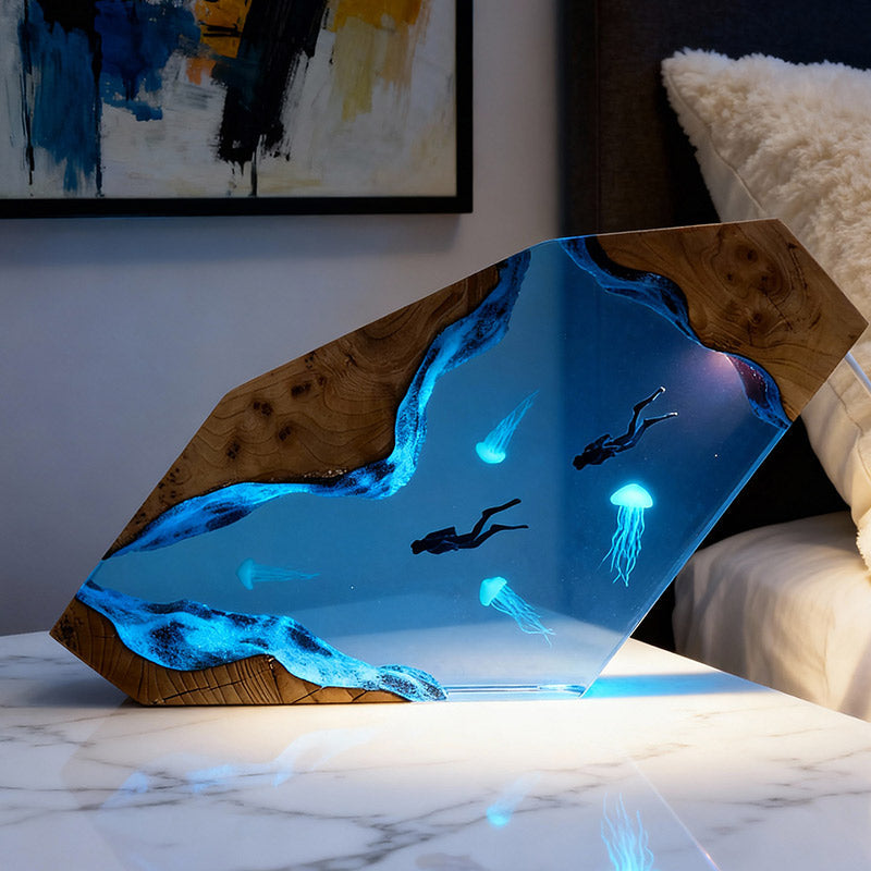 Diver & Jellyfish Resin Lamp Handmade Sea-Themed Night Light for Home Decor