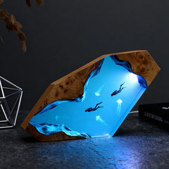 Diver & Jellyfish Resin Lamp Handmade Sea-Themed Night Light for Home Decor