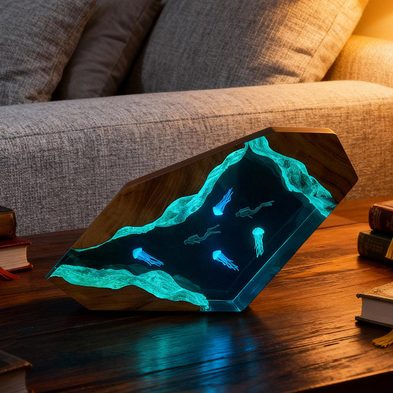 Diver & Jellyfish Resin Lamp Handmade Sea-Themed Night Light for Home Decor