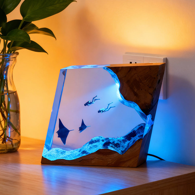 Handmade Resin Lamp with Manta Ray & Diver Night Light for Home Decor