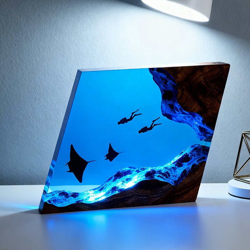 Handmade Resin Lamp with Manta Ray & Diver Night Light for Home Decor
