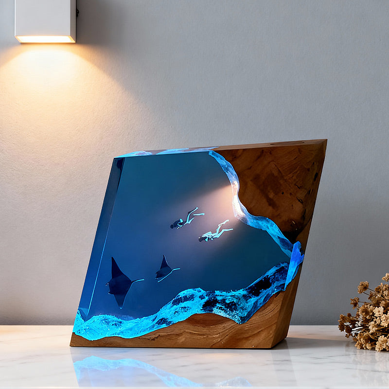 Handmade Resin Lamp with Manta Ray & Diver Night Light for Home Decor